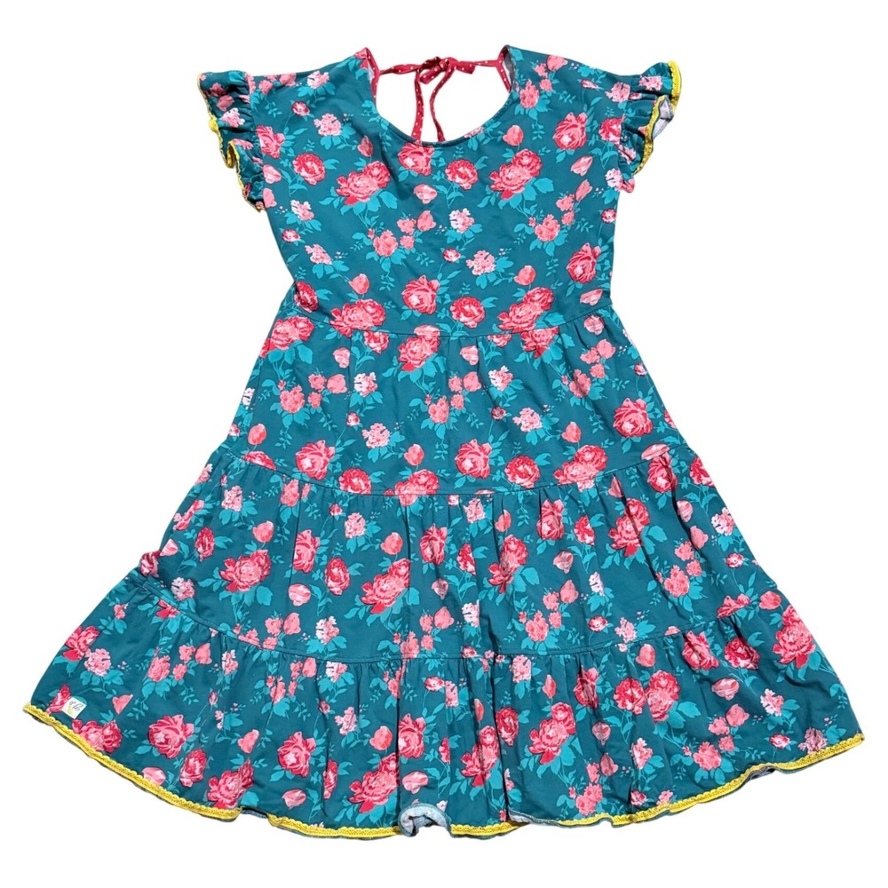 Wildflowers Teal Floral Tiered Knit Dress Pink Roses Red Flutter Sleeve M Medium